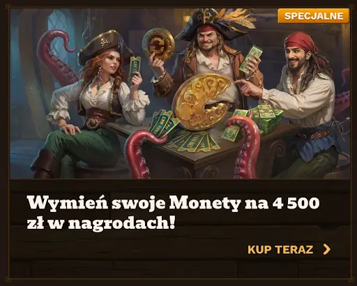 Wymień swoje Monety na 4 500 zł w nagrodach — piraci siedzą przy stole pełnym pieniędzy, monet i tentakli w tle