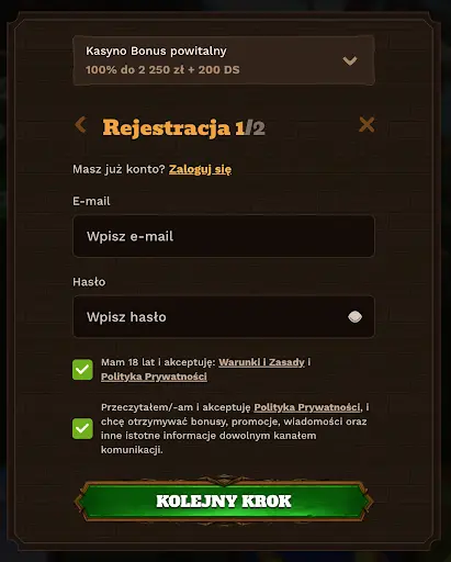 Rejestracja Rejestracja 1/2, Kasyno Bonus powitalny 100% do 2250 zł + 200 DS, pola e-mail i hasło, przyciski zgody i przycisk Kolejny krok