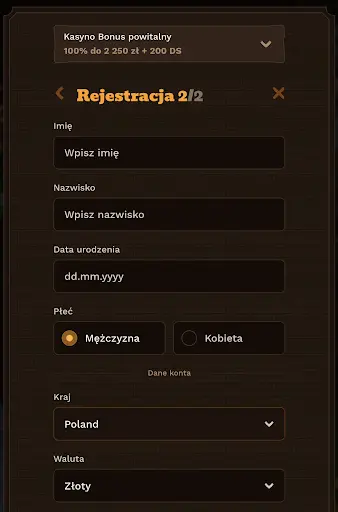 Rejestracja Formularz rejestracji 2/2, dane osobowe, kraj Poland, waluta Złoty