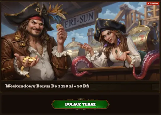 Weekendowy Bonus Do 3 150 zł + 50 DS — piraci przy barze z monetami i automatem w tle