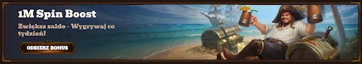 1M Spin Boost promocja 1M Spin Boost, Zwiększ saldo – Wygrywaj co tydzień, odbierz bonus, pirat na plaży z kuflem