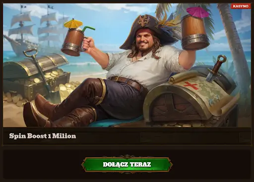 Spin Boost 1 Milion – pirat na plaży z kuflami piwa i skarbami w tle