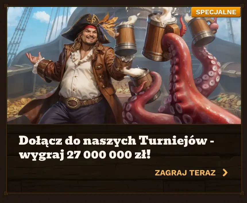 Dołącz do naszych Turniejów – wygraj 27 000 000 zł! Pirat z kuflami piwa i tentaklami w tle