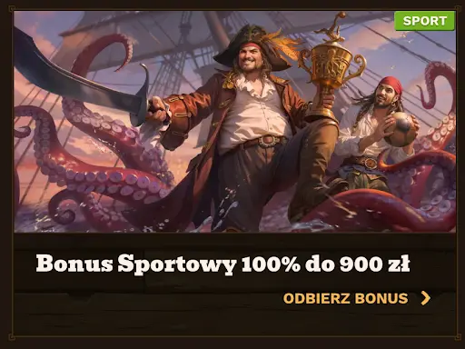 Bonus Sportowy 100% do 900 zł — piraci z pucharem i piłką na pokładzie statku z mackami ośmiornicy