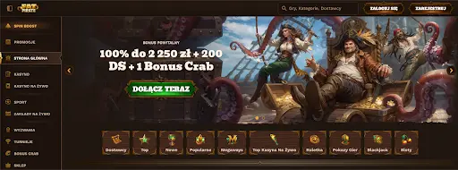 FatPirate – Strona główna Bonus powitalny 100% do 2 250 zł + 200 DS + 1 Bonus Crab, piraci siedzący na skrzyni skarbów z ośmiorniczymi mackami w tle
